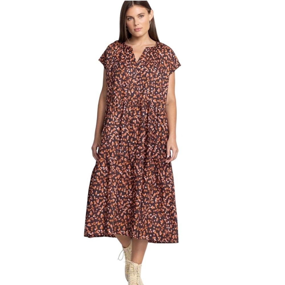 Johnny Was Calme Liya Women XS Cotton Tiered Midi Dress Pockets Oversized Boho